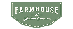 Stylish logo of Farmhouse at Lantern Commons with elegant typography on a rustic green background.