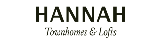 White logo of Hannah Lofts and Townhomes on a black background.