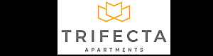 Modern Trifecta Apartments logo with a sleek geometric design in gold and gray.
