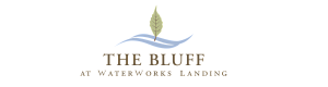Elegant logo for The Bluff at Waterworks Landing, featuring a green leaf and dynamic blue wave design.