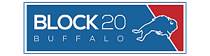 Modern logo for Block 20 Buffalo featuring bold white text and a dynamic buffalo silhouette on a blue and red background.
