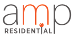 Sleek Amp Residential logo featuring stylish lettering with vibrant orange accents, conveying modern and dynamic appeal.