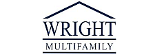 Elegant logo for Wright Multifamily comprising a stylized house roof graphic and bold text.