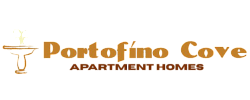 Elegant Portofino Cove logo featuring a stylized fountain, highlighting luxury apartment homes.