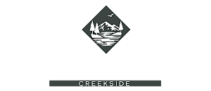 Mountainous logo for Arcadia Creekside, showcasing serene nature with trees, a river, and birds, embodying tranquility and scenic beauty.