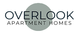 Circular logo design with 'Overlook Apartment Homes' text orbiting a central abstract pattern.