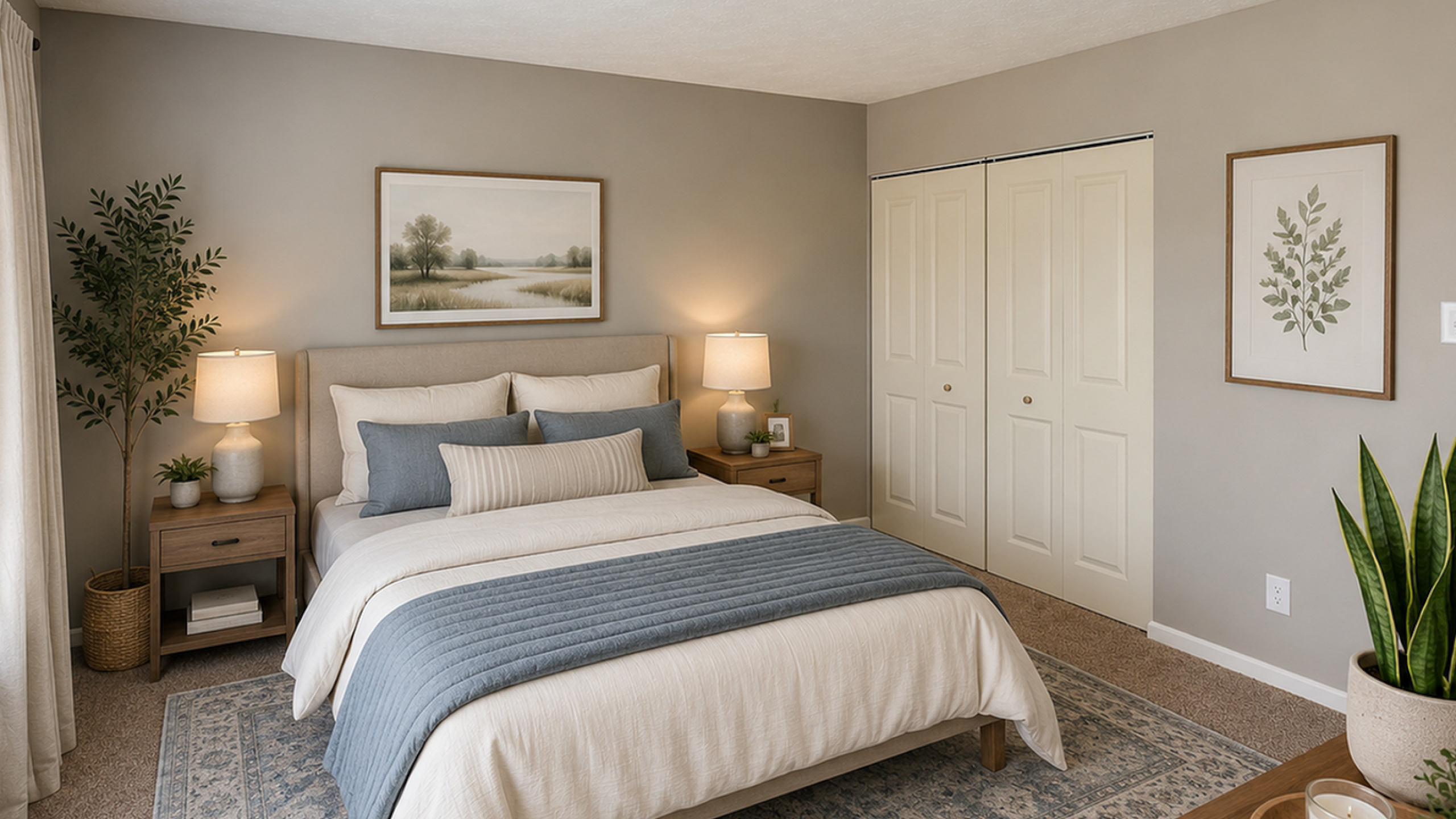 Inviting bedroom featuring elegant decor, plush bedding, large windows for natural light, and a serene ambiance.