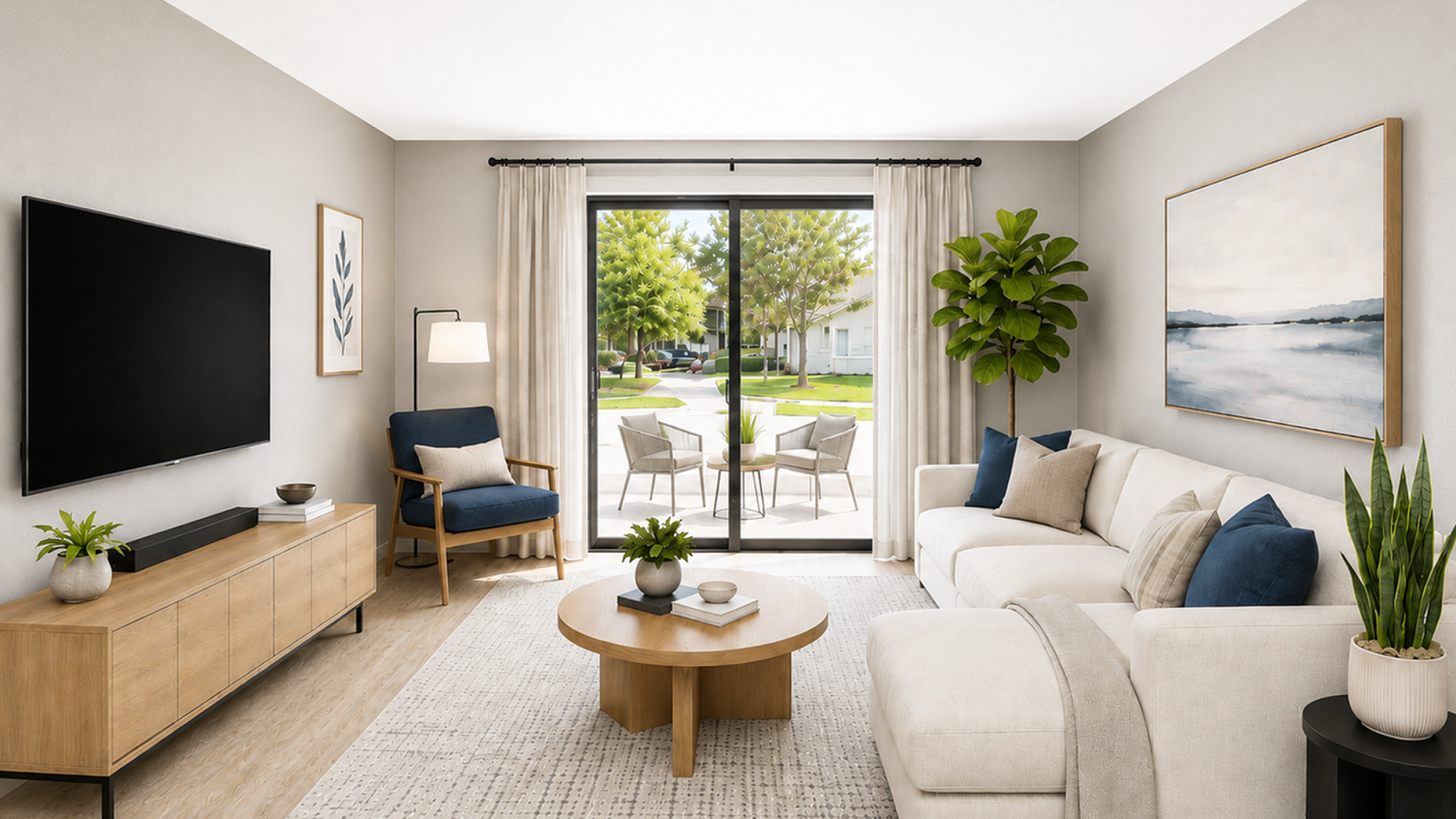 Bright and modern living room with stylish furniture, large TV, and a picturesque garden view through glass doors.