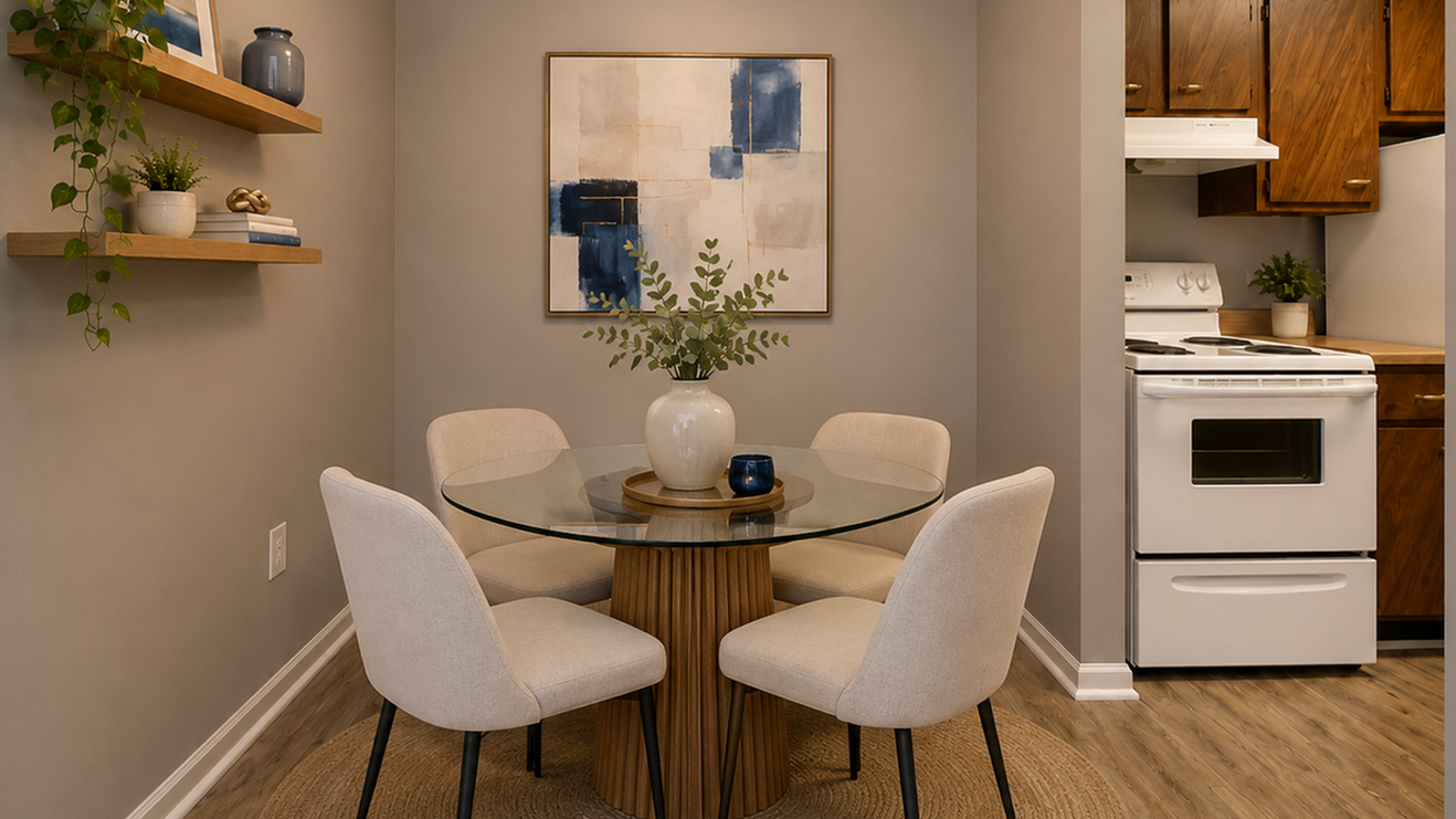 Charming dining nook with a glass table and cozy chairs, adjacent to a classic kitchen, accentuated by elegant decor and wooden cabinetry.