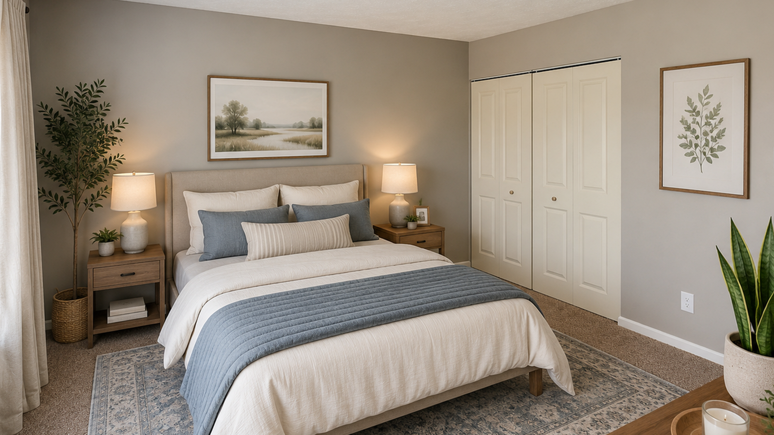Cozy bedroom with elegant decor featuring a plush bed, soft lighting, and inviting natural tones.