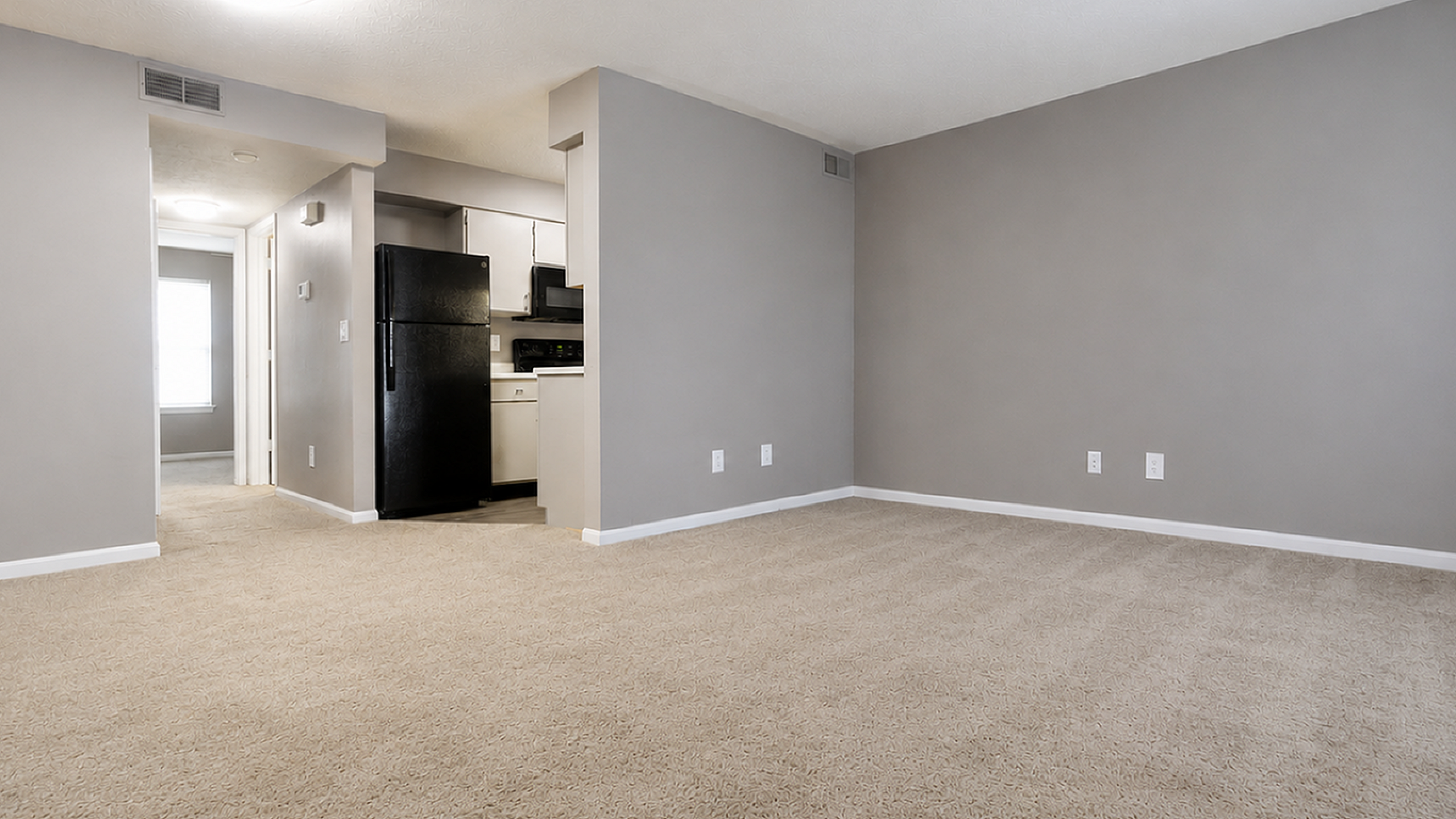 Modern open-plan living area with plush carpeting and neutral walls, seamlessly connected to a compact kitchen with sleek black appliances.
