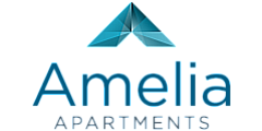 Elegant Amelia Apartments logo featuring a sleek, modern geometric design in calming blue tones.
