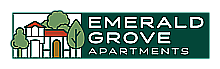 Charming logo for Emerald Grove Apartments featuring stylized trees and an elegant house, conveying a serene and welcoming atmosphere.