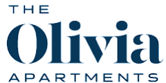 Logo for The Olivia Apartments, featuring elegant blue lettering conveying modern sophistication and stylish living.