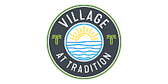 Vibrant logo of Village at Tradition with a sun rising over waves, framed by green palm trees, conveying a tropical and welcoming atmosphere.