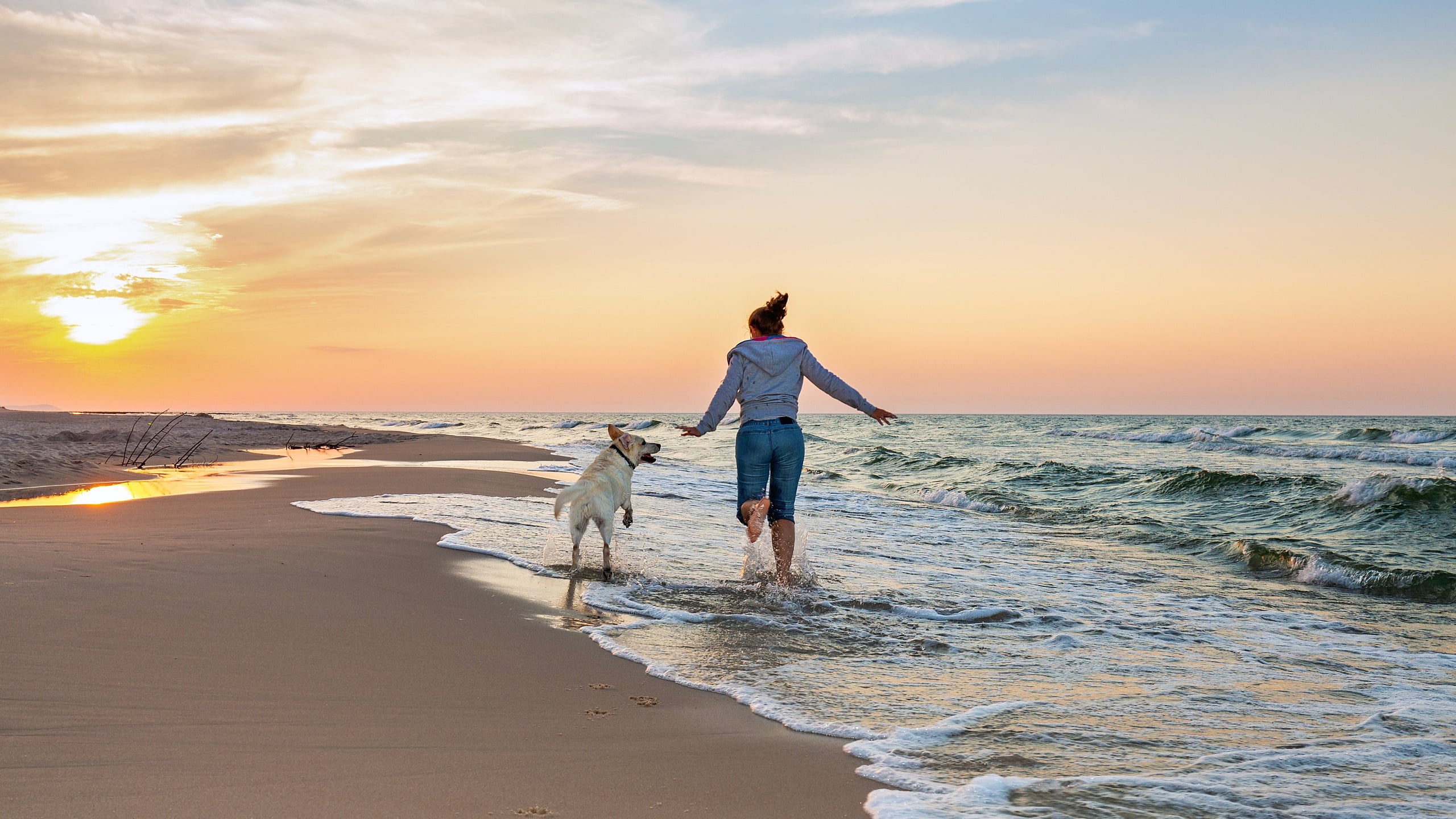 Woman running on the beach with a dog