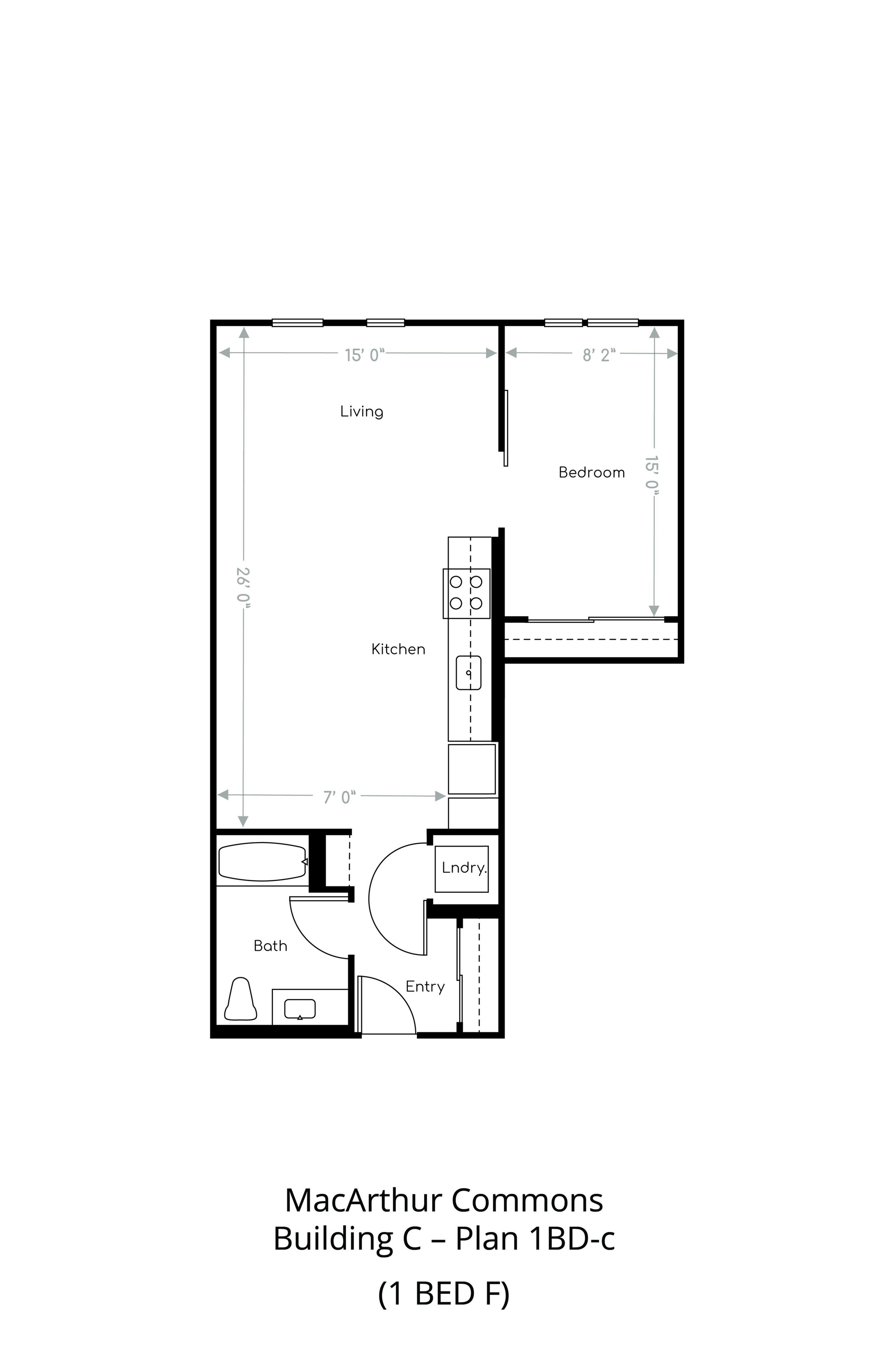 Floor plan layout diagram for 1 Bedroom F