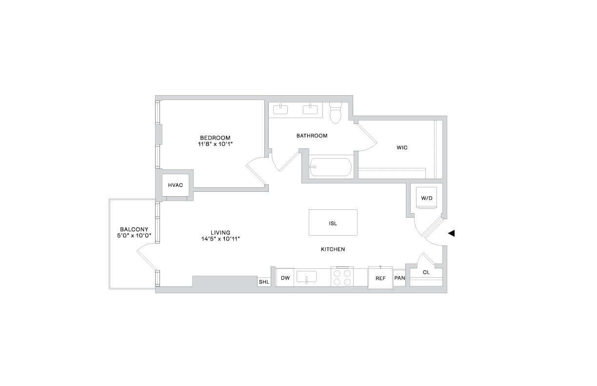 Floor plan layout diagram for B2.1 (1x1)