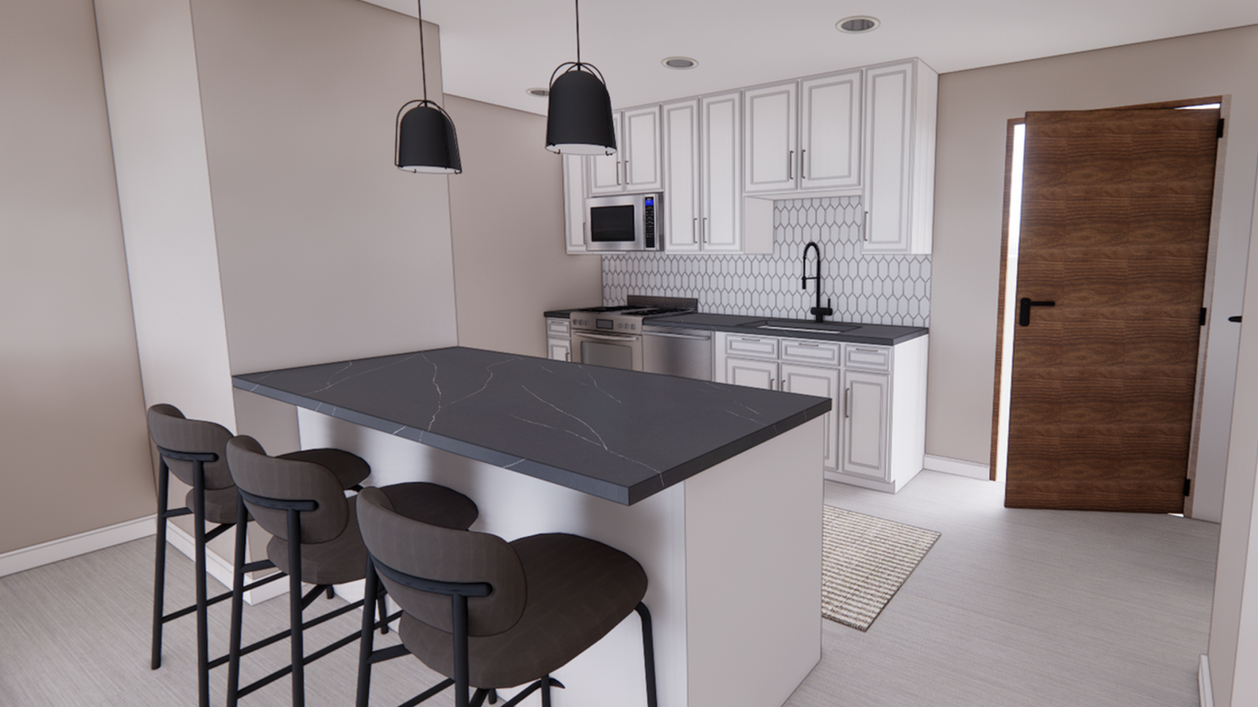 Elegant modern kitchen with sleek black countertop island and stylish bar stools.