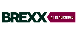 Bold and modern logo for BREXX at Blacksburg, featuring contemporary typography in dark green and maroon colors.
