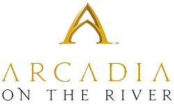 Logo for Arcadia on the River, emphasizing student living with a gold letter 'A'.