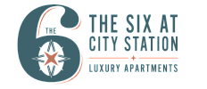 Modern logo for The Six At City Station Luxury Apartments, featuring a bold number six with a star and compass design in an elegant color palette.