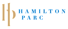 Elegant Hamilton Parc logo in gold and blue, showcasing sophistication and luxury branding.
