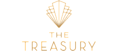 Elegant logo design for The Treasury, featuring a stylized geometric motif in gold.