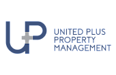 Combination mark logo for United Plus Property Management in navy blue with a grey plus icon.