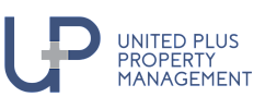Modern logo for United Plus Property Management, featuring a sleek, interconnected 'U+P' design in blue and grey.