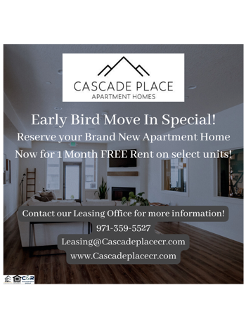 One month free special means you can rent a one bedroom for $1375, two bedroom for $1645 and a three bedroom for $1970 *Effective rent once all discounts applied.