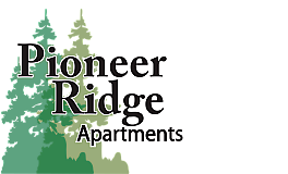 Pioneer Ridge Apartments logo featuring stylized evergreen trees, symbolizing a serene and nature-inspired living community.