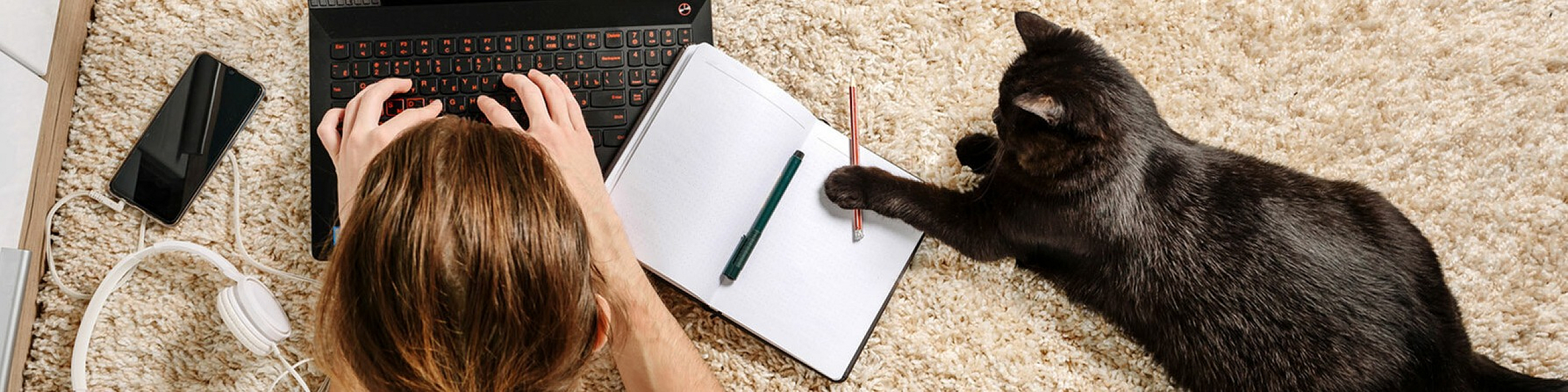 Cozy home office setup with a laptop, smartphone, and headphones on a plush carpet, accompanied by a curious black cat offering companionship.