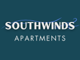Logo for Southwinds Apartments featuring bold white text and a flowing blue line, evoking a breezy, coastal theme on a deep teal background.