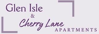 Logo for Glen Isle & Cherry Lane Apartments with purple stylized text on a light background, combining serif and script fonts.