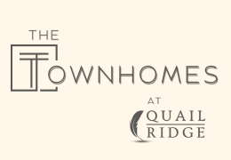 Modern logo design featuring the words “The Townhomes at Quail Ridge” in sleek, minimalist font. The “T” in “Townhomes” is stylized with a geometric frame, and a quail feather graphic accompanies the property name below.