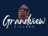 Logo for Grandview Village featuring script-style text and a stylized mountain and river scene inside an arched window design, set against a dark blue background.