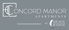 Logo for Concord Manor Apartments at Quail Ridge. The design features a stylized 'C' and 'M' intertwined on the left, with the words 'Concord Manor Apartments' in an elegant, modern font. Below, 'at Quail