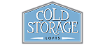 Chic Cold Storage Lofts logo with elegant typography on a stylish blue background.