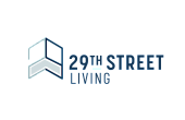 Modern logo for 29th Street Living featuring a minimalistic geometric design in blue and white, emblematic of stylish urban living.