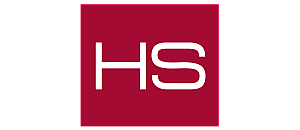 Bold logo design with HS initials in white on a rich red background.