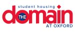 Vibrant logo for The Domain at Oxford student housing, featuring bold red and blue text.