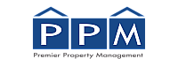 Premier Property Management logo with bold blue and white design elements.