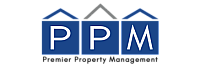 Premier Property Management logo with bold blue letters 'PPM' under three stylized roof icons.