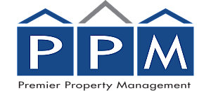 Premier Property Management logo with sleek blue and gray design, featuring three stylized house shapes.