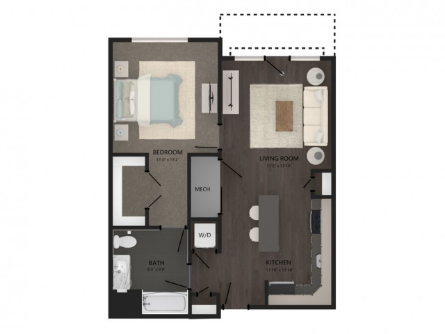 Floor plan layout diagram for 1 Bed/1 Bath-A1