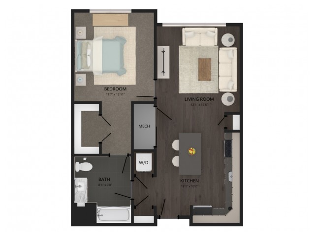 Floor plan layout diagram for 1 Bed/1 Bath-A12