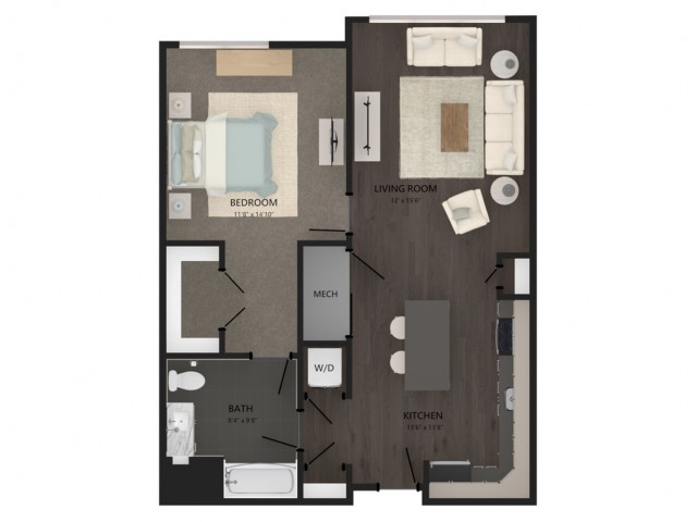 Floor plan layout diagram for 1 Bed/1 Bath-A14