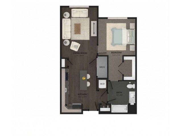 Floor plan layout diagram for 1 Bed/1 Bath-A16