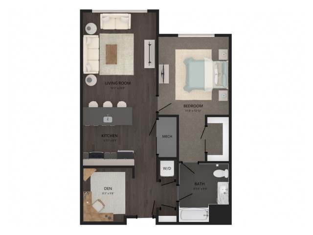 Floor plan layout diagram for 1 Bed/1 Bath Den-A1D